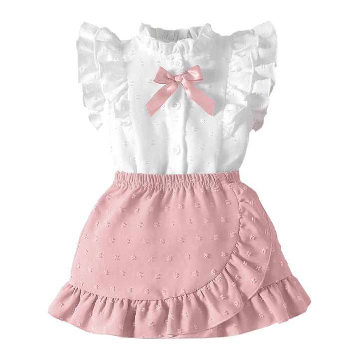 Baby Mädchen Rock Set Rüschen Ärmellose Bluse mit Schleife & Eleganter Schweizer Punkten Rock 2Pcs S