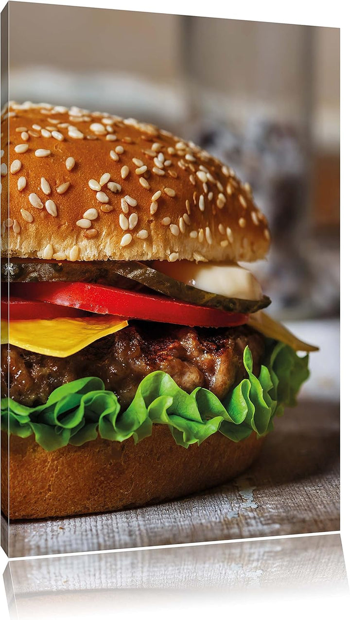 Pixxprint Burger Hamburger Cheesburger Käse Fast Food, Format: 100x70 auf Leinwand, XXL riesige Bild