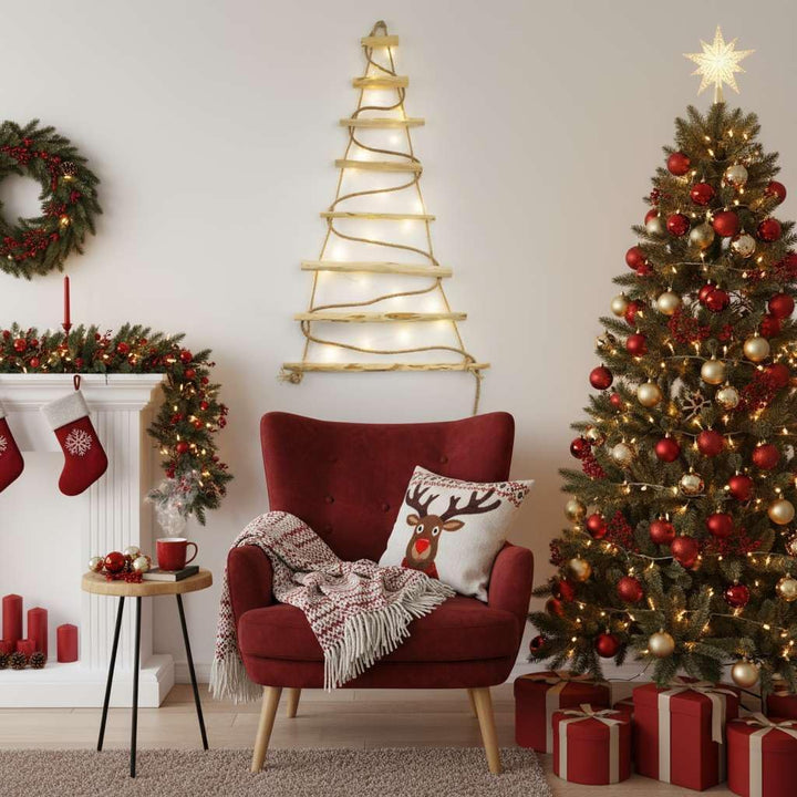 BOGATECO Handgemacht Weihnachtsbaum 95 cm hoch, aus Haselnussholz | Deko Anhänger | mit 200 cm LED-L