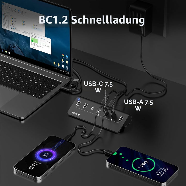 FIDECO USB Hub mit Netzteil, 7 Port USB 3.2 Gen 2, 10Gbit/s Schneller Datenhub, Vollaluminium-Verlän