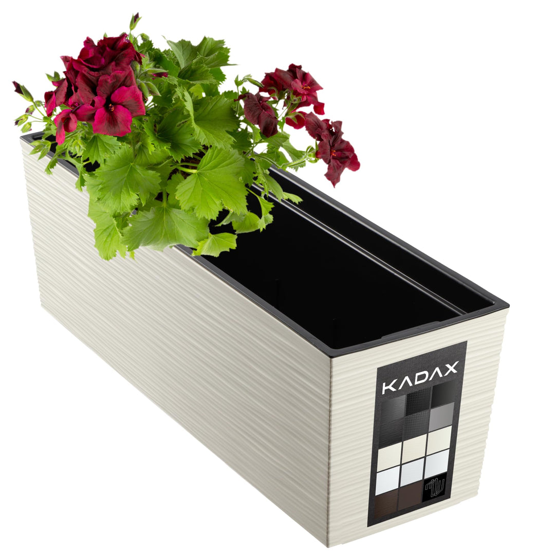 KADAX Blumenkasten 18,5x56 cm, Ritzmuster, Creme, mit Einsatz – wetterfester rechteckiger Pflanzkast