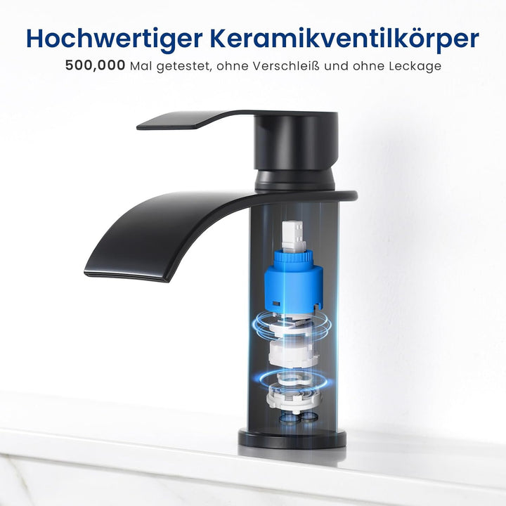 CECIPA Wasserhahn Bad Schwarz, Wasserfall Waschtischarmatur mit Auslauf Höhe 86 MM, Edelstahl Einhan