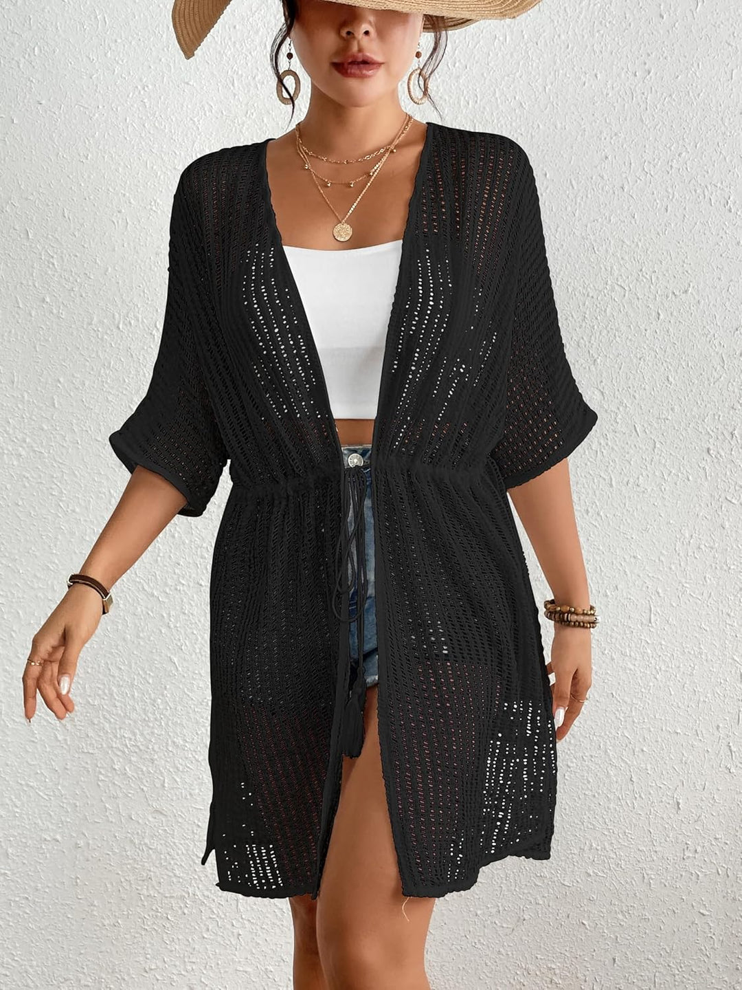 Bsubseach Damen Sexy Lace Crochet Open Front Badeanzug Strand Lange Kimono Cover Ups Z-Schwarz, Z-Sc