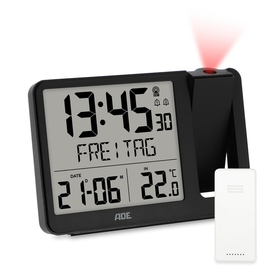 ADE Digitaler Funkwecker mit Projektion und Aussensensor | Projektionswecker mit 2 Weckzeiten| Uhr m