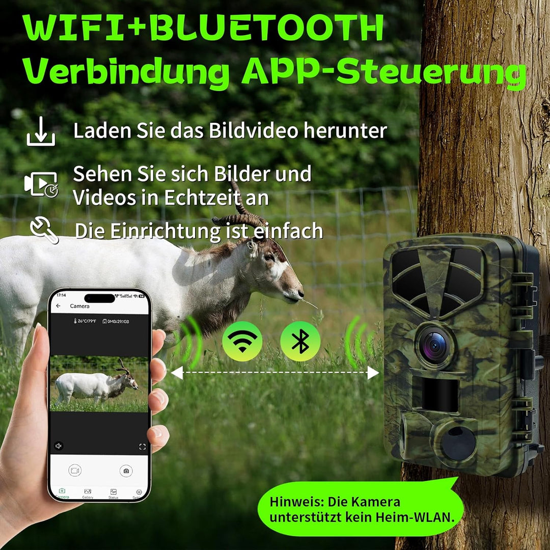 Wildkamera WLAN, 1296P 60MP Wildkamera mit Handyübertragung App, Wildtierkamera mit Nachtsicht Beweg