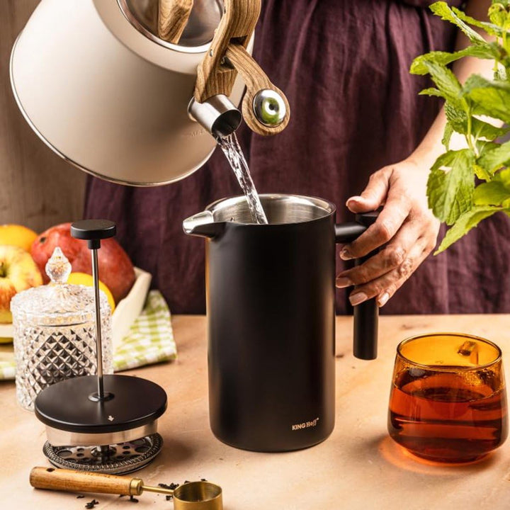 KINGHoff French Press 1 Liter, Mattschwarz, Doppelwandiger Edelstahl, Feinmaschiger Edelstahlfilter,