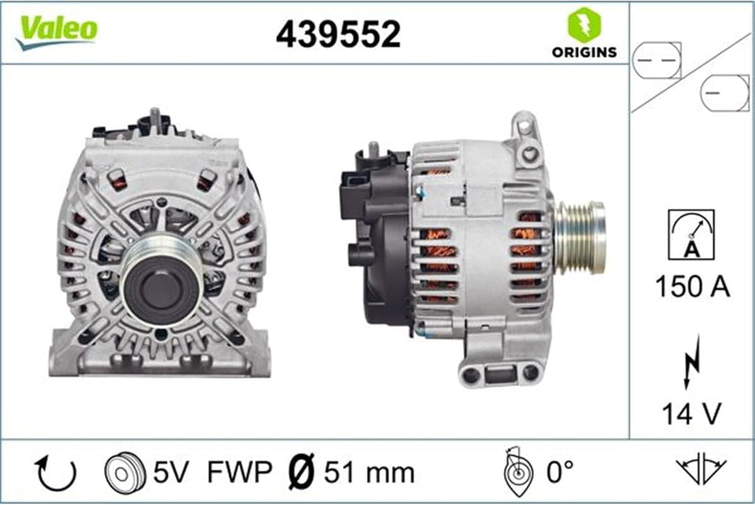 VALEO 439552 Generator Ladestrom des Generators: 150 Amp Rippen: 5 rippen Riemenscheibe Ø: 51 mm Spa