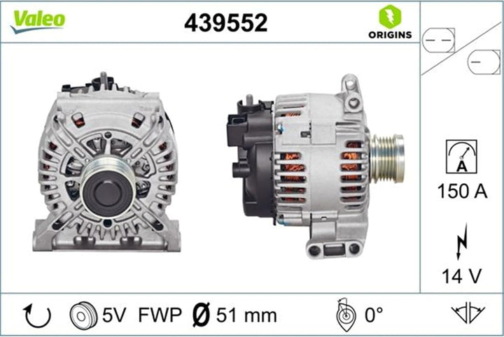VALEO 439552 Generator Ladestrom des Generators: 150 Amp Rippen: 5 rippen Riemenscheibe Ø: 51 mm Spa