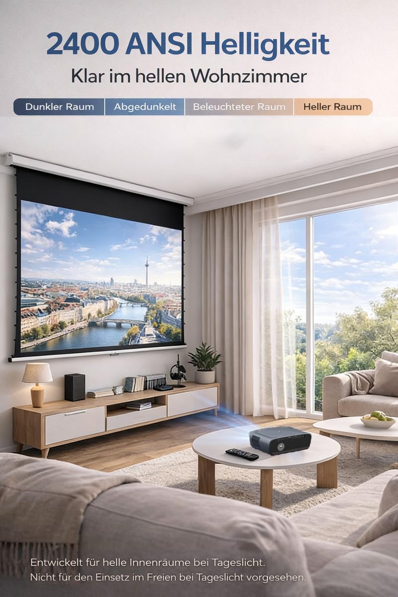 Beamer 4K mit Google TV, 2400 ANSI Tageslicht Beamer 4K Heimkino mit Tof AutoFokus DD+ HDR10+ AI Coo