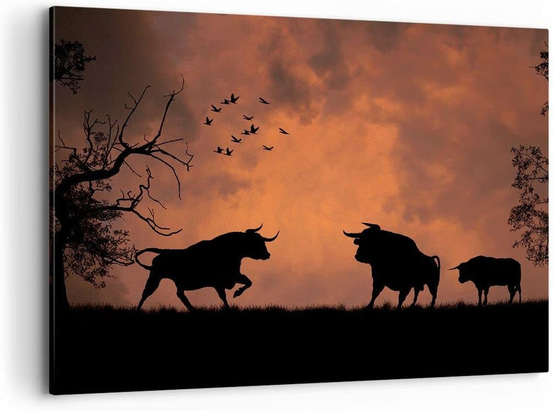 Bilder auf Leinwand 100x70cm Leinwandbild mit Rahmen Tier wütend Stier Gross Wanddeko Bild Schlafzim