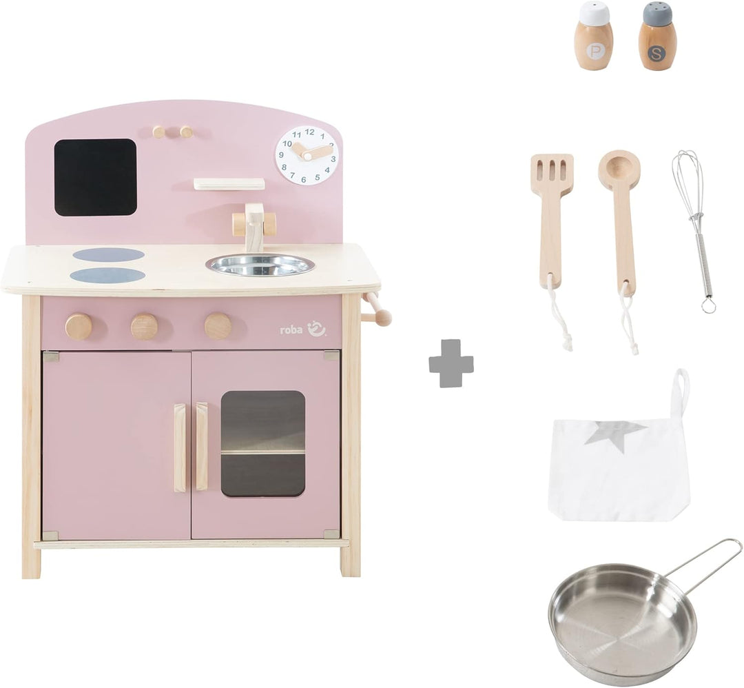 roba Spielküche, weiss, natur, mauve/rosa Spielzeug-Küchenzeile mit 2 Kochstellen, Spüle, Wasserhahn