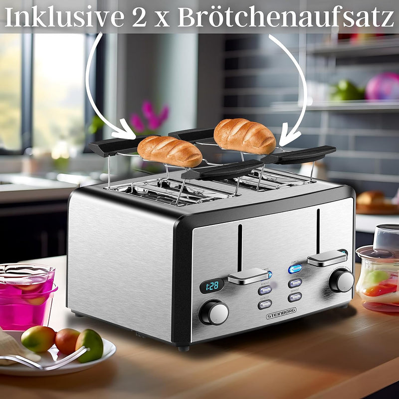 XXL Toaster 4 Toastschlitze | Toastautomat | 1600 Watt | 6-Stufen Bräuneregler | 2x Brötchenaufsatz