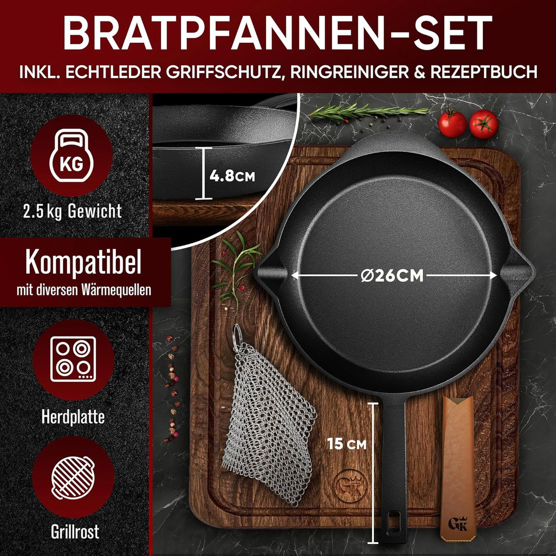 Ungeschliffenes Gusseisenpfanne 26cm–Eingebrannte Pfanne Gusseisen Induktion–Gusspfanne, Steakpfanne