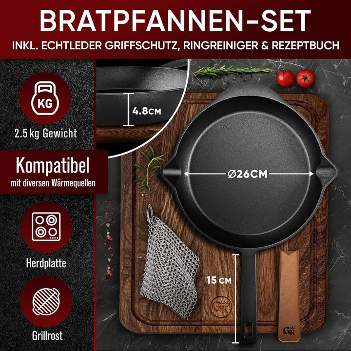 Ungeschliffenes Gusseisenpfanne 26cm–Eingebrannte Pfanne Gusseisen Induktion–Gusspfanne, Steakpfanne