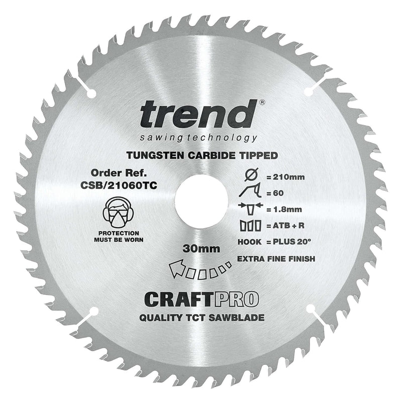 Trend CraftPro Dünnschnitt-TCT-Kreissägeblatt, 210mm Durchmesser x 60 Zähne x 30mm Bohrung, Hartmeta