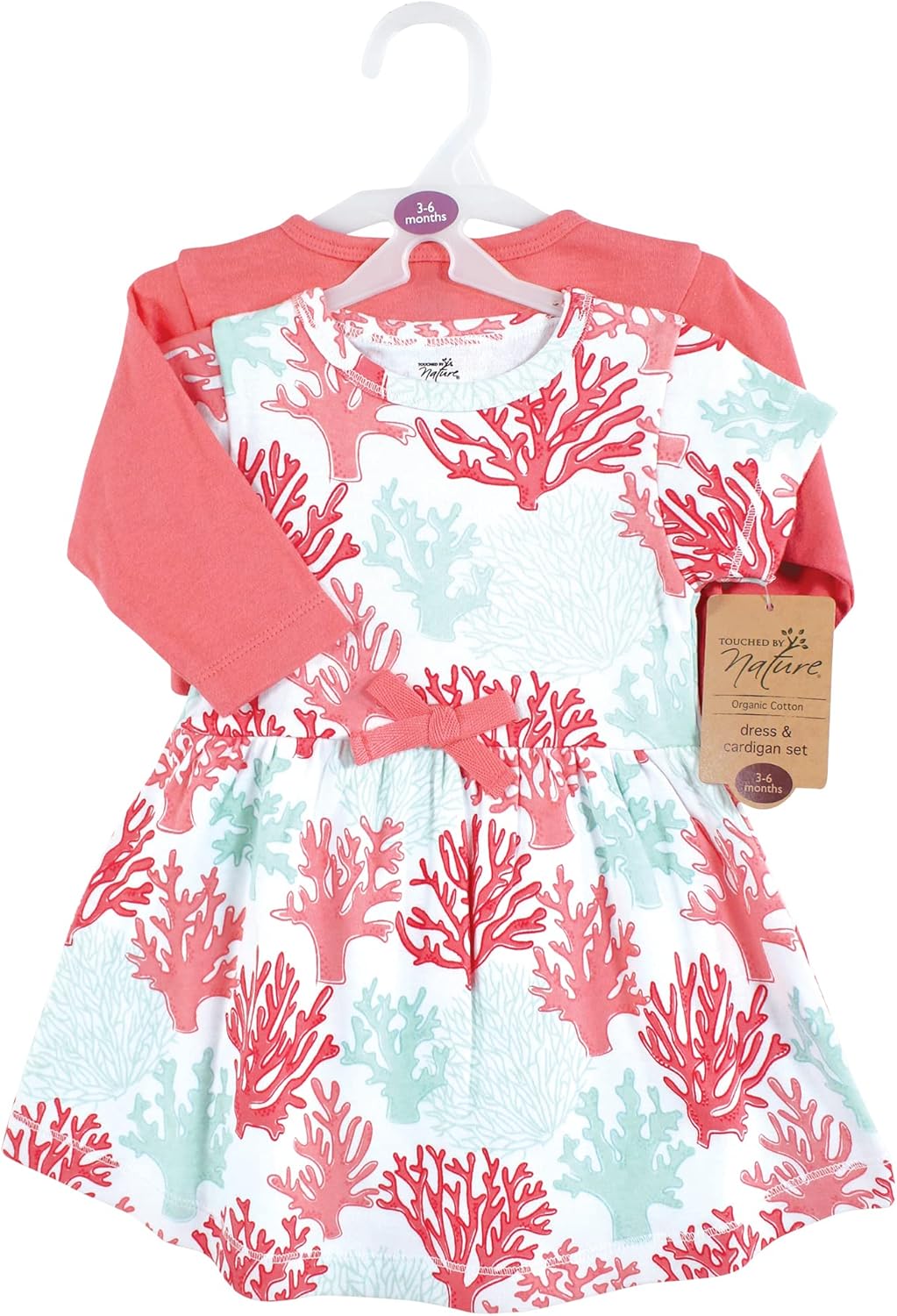 Touched by Nature Mädchen Kleid und Strickjacke aus Bio-Baumwolle Lässiges Kleid 3-6 Monate Koralle