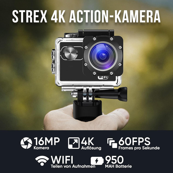 Strex Action Cam 4K 16MP - 60FPS / 30M Wasserdicht/WiFi - Inklusive Zubehör - Action Kamera - Unterw
