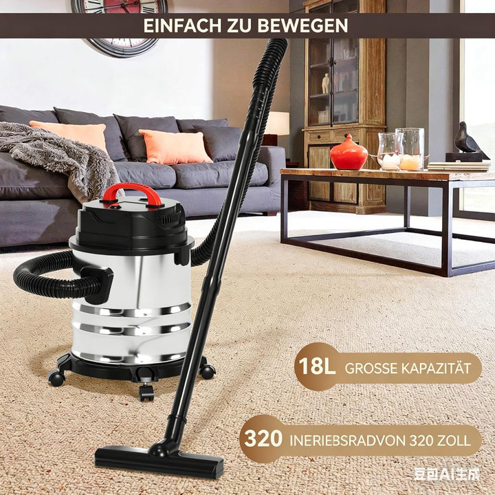 Nass- und Trockensauger 1800W, 18L Edelstahl Behälter, Allzweck Staubsauger für Teppich &amp; Glatte Böd