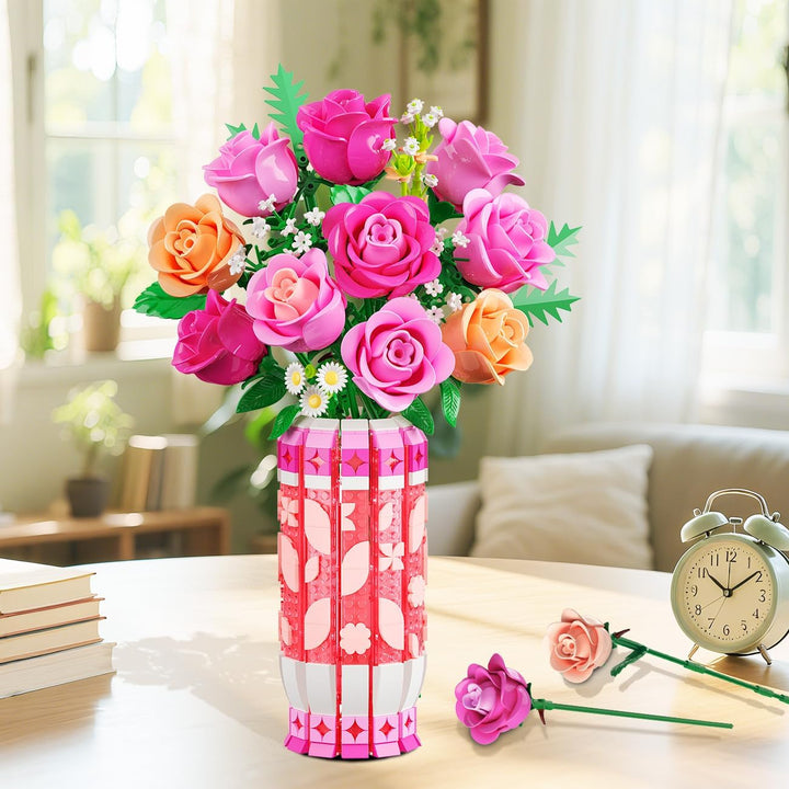 Romantischer Rosa Rosenstrauss-Bausatz mit Vase und LED-Licht, 845 PCS Blumen-Baustein-Spielzeug, Ge