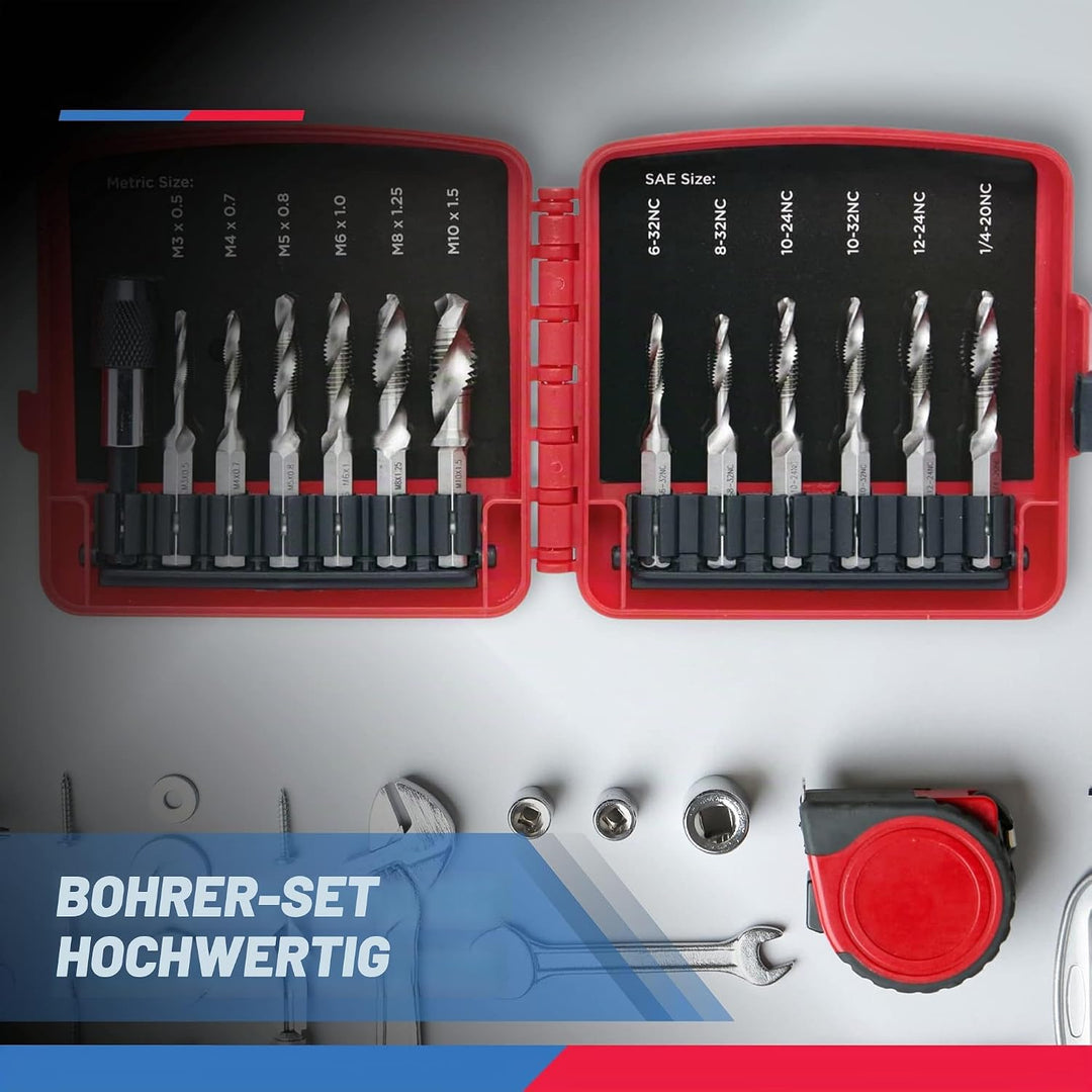 NEIKO 10059A Kombibohrer und Gewindebohrer-Set mit Schnellwechseladapter, 13-teilig, SAE (6-32NC bis