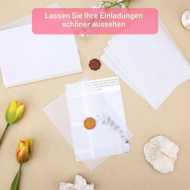 55 Stück Pergamenthüllen für Einladungen im Format 13x18cm, Vorgefaltet Vellum Jacket Durchscheinend