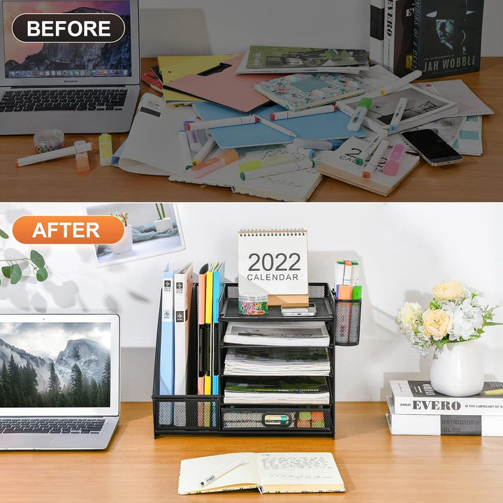 Marbrasse Schreibtisch Organizer mit Aktenhalter, 5 Ebenen Papier Briefablage mit Schublade und 2 St