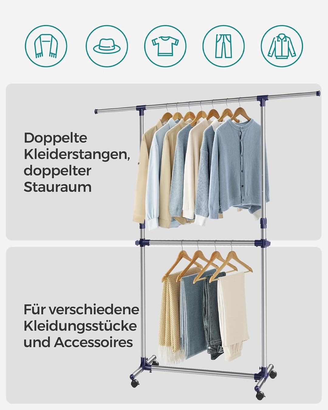 SONGMICS Kleiderständer, Garderobenständer, verstellbare Kleiderstange, mit Rollen, aus mit Edelstah