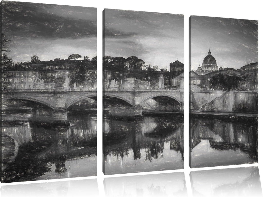 Pixxprint Rom an der Tiber in Richtung Kathedrale St. Peter Kunst Kohle Effekt 3-Teiler Leinwandbild
