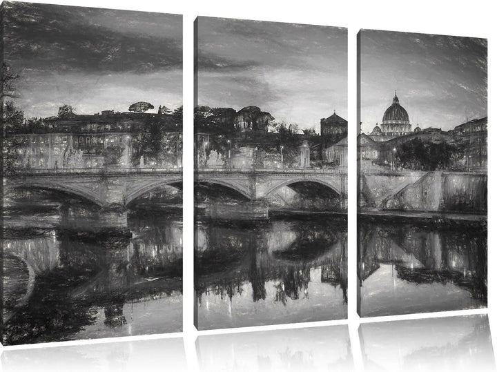 Pixxprint Rom an der Tiber in Richtung Kathedrale St. Peter Kunst Kohle Effekt 3-Teiler Leinwandbild