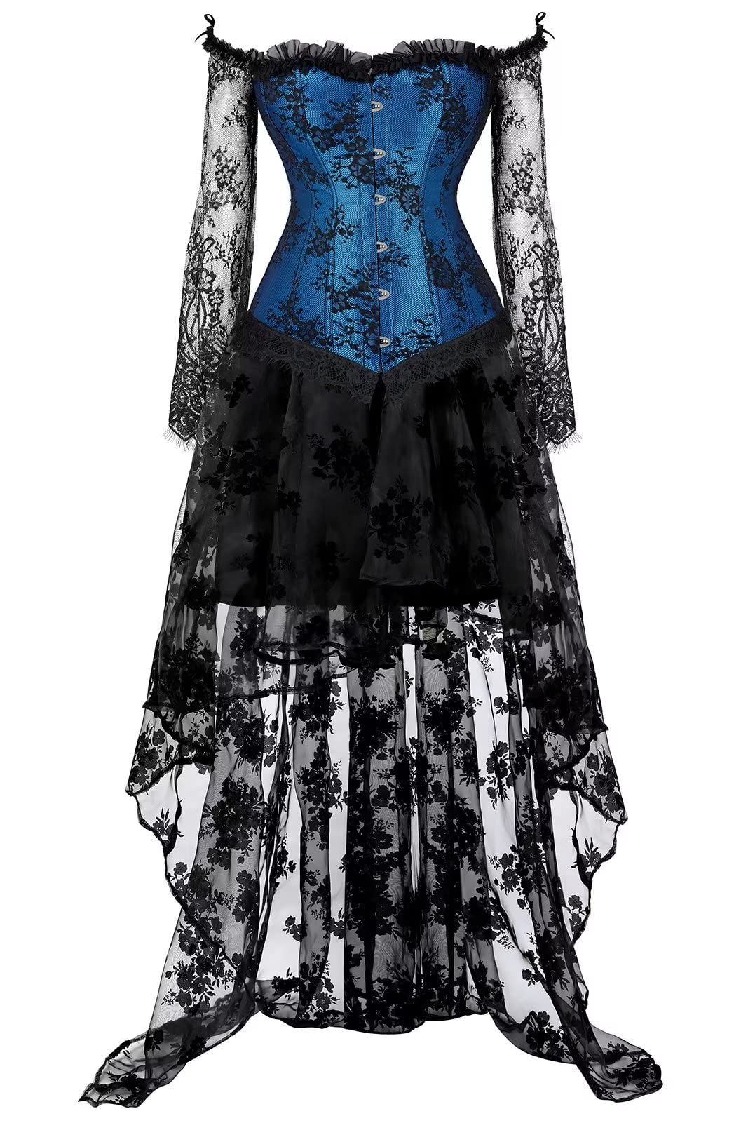 Korsett Damen Korsagenkleid Korsage Gothic Taille Lang Rock Hauch Bluse Kleid Elegant Frauen XXS Blu
