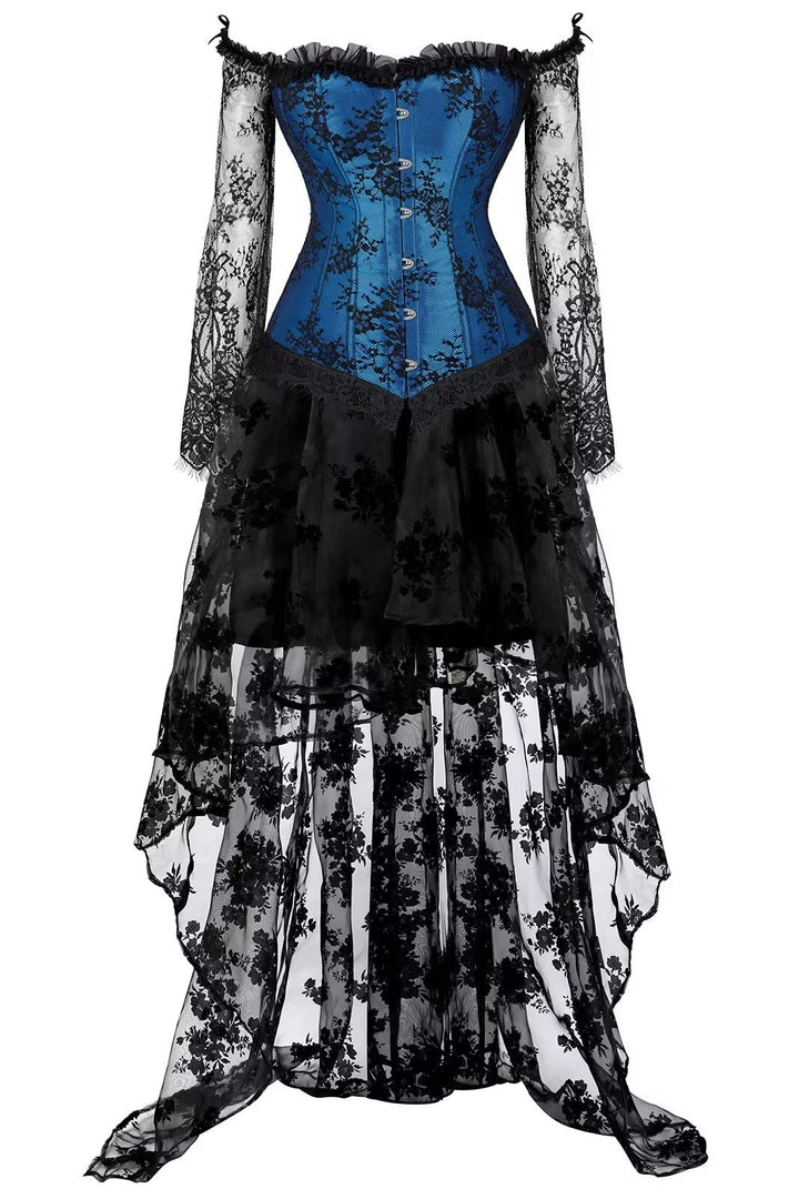 Korsett Damen Korsagenkleid Korsage Gothic Taille Lang Rock Hauch Bluse Kleid Elegant Frauen XXS Blu