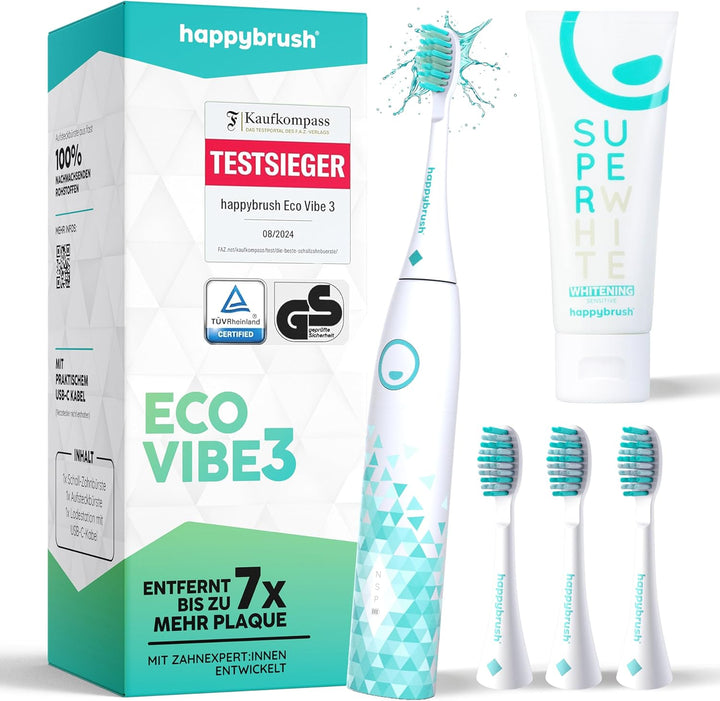 happybrush® Elektrische Schall-Zahnbürste Eco VIBE 3 - Nachhaltige Zahnbürste mit 6 Wochen Power-Akk