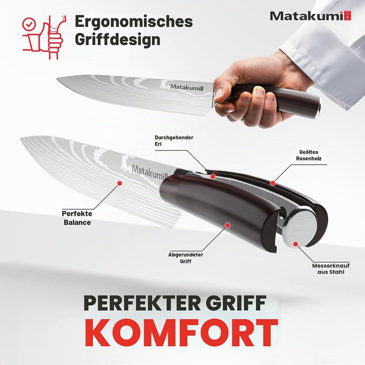 Matakumi Kochmesser mit 20 cm Klingenlänge, Extra Scharfe Chefmesser mit Ergonomischem Pakkaholz-Gri