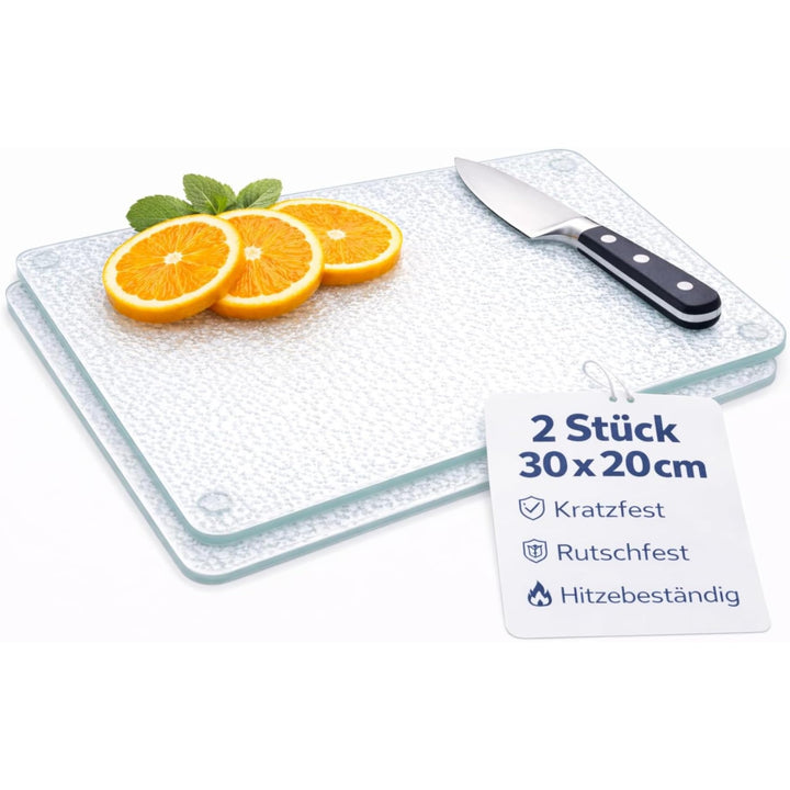 2-er Set Schneidebrett Glas 30x20, Rutschfest mit Füsse, Glasschneidebrett ohne Mikroplastik, hygien