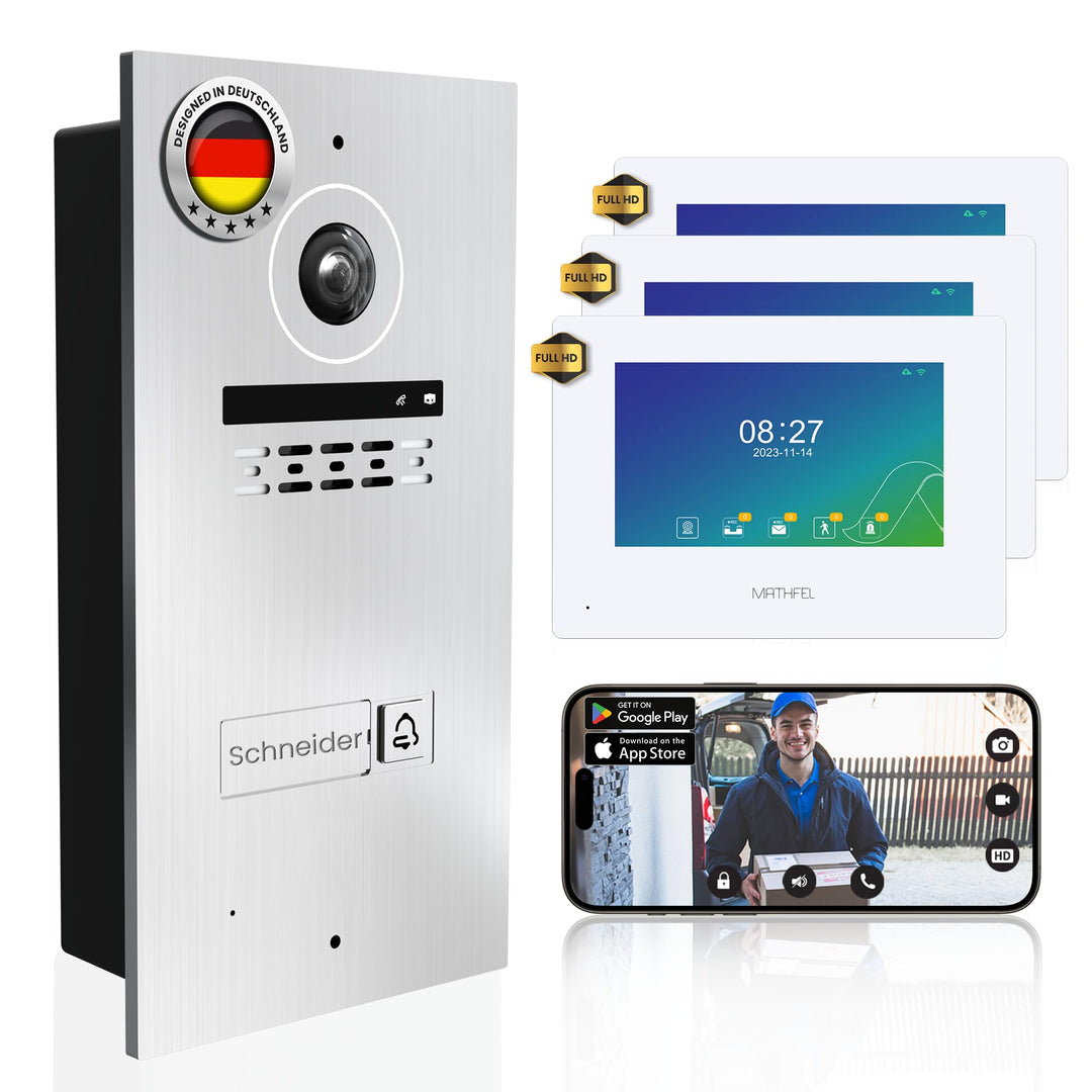 Mathfel 2-Draht Video Türsprechanlage Einfamilienhaus – Full HD 170° Kamera mit WLAN – 3×7-Zoll Touc
