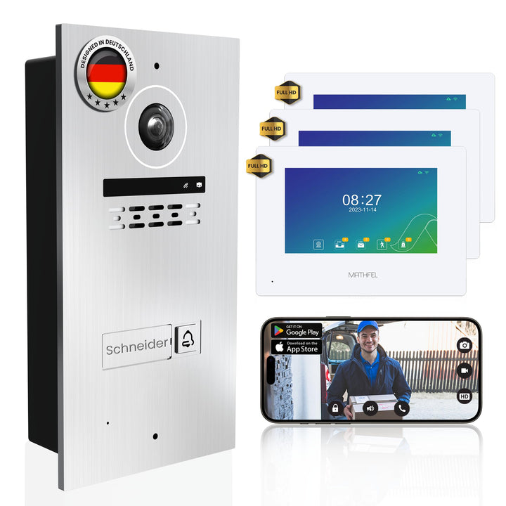 Mathfel 2-Draht Video Türsprechanlage Einfamilienhaus – Full HD 170° Kamera mit WLAN – 3×7-Zoll Touc