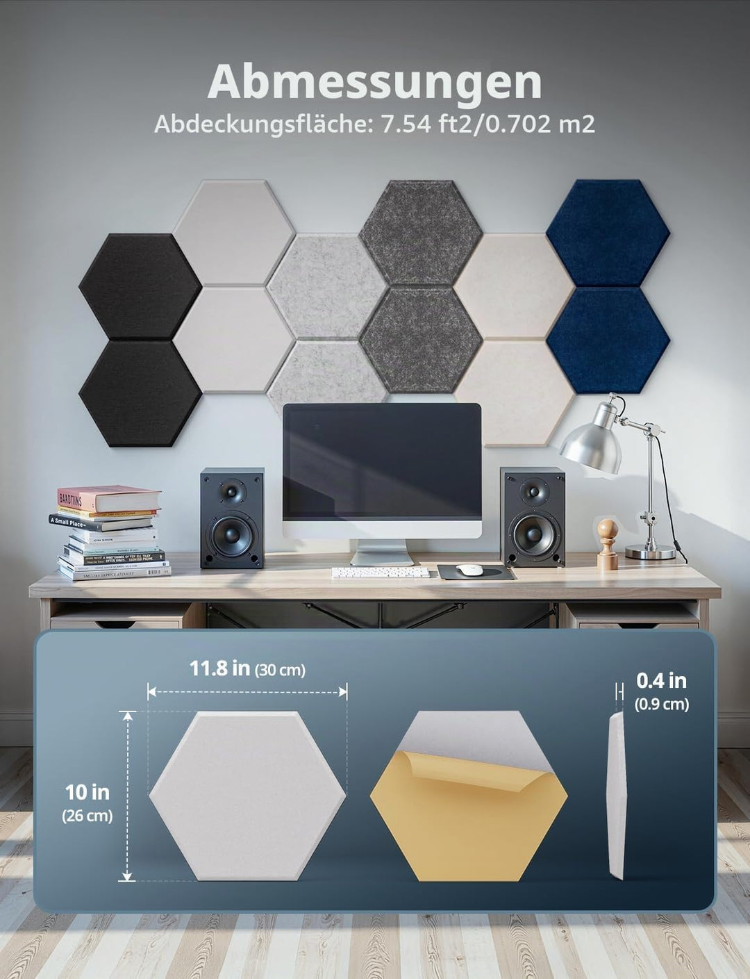 Hexagon Akustikplatten Selbstklebend, 12 Stück Hohe Dichte Schallabsorber Wand für Decken-/Tür-/Wand