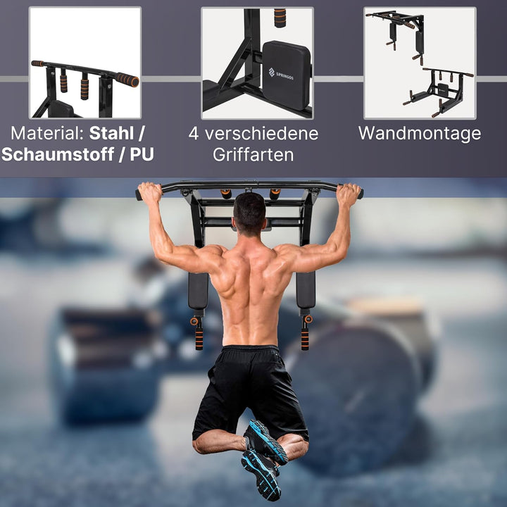 SPRINGOS Wandmontierte Klimmzugstange 3 in 1 + Dip-Stangen + Rückenlehne aus Stahl Dip Bar Pull up S