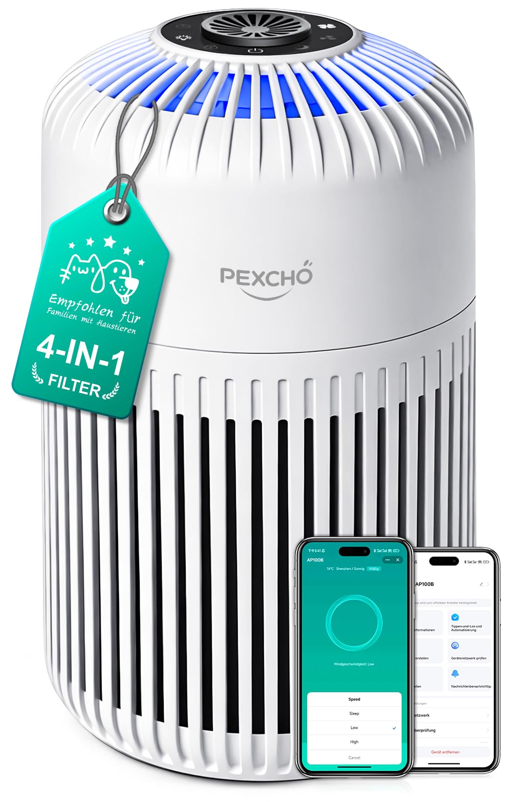 PEXCHO Luftreiniger allergiker, Upgrade 4-in-1 HEPA Filter, Luftfilter mit App Steuerung Timer Aroma