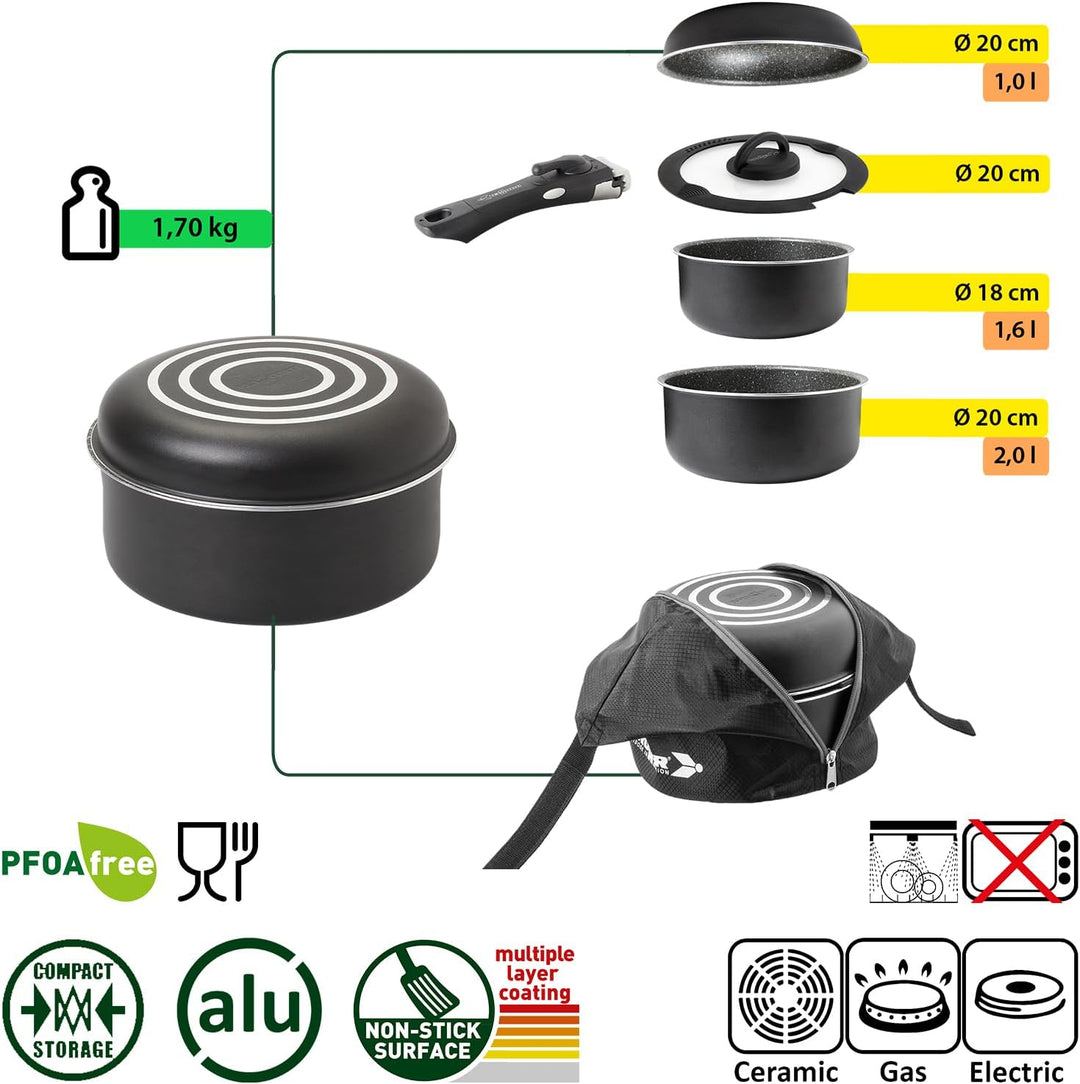 BRUNNER Camping Kochgeschirr-Set Alu (Töpfe und Pfannen) - ø 20, 22, 24, 26-cm Pirate Vakublock - 4