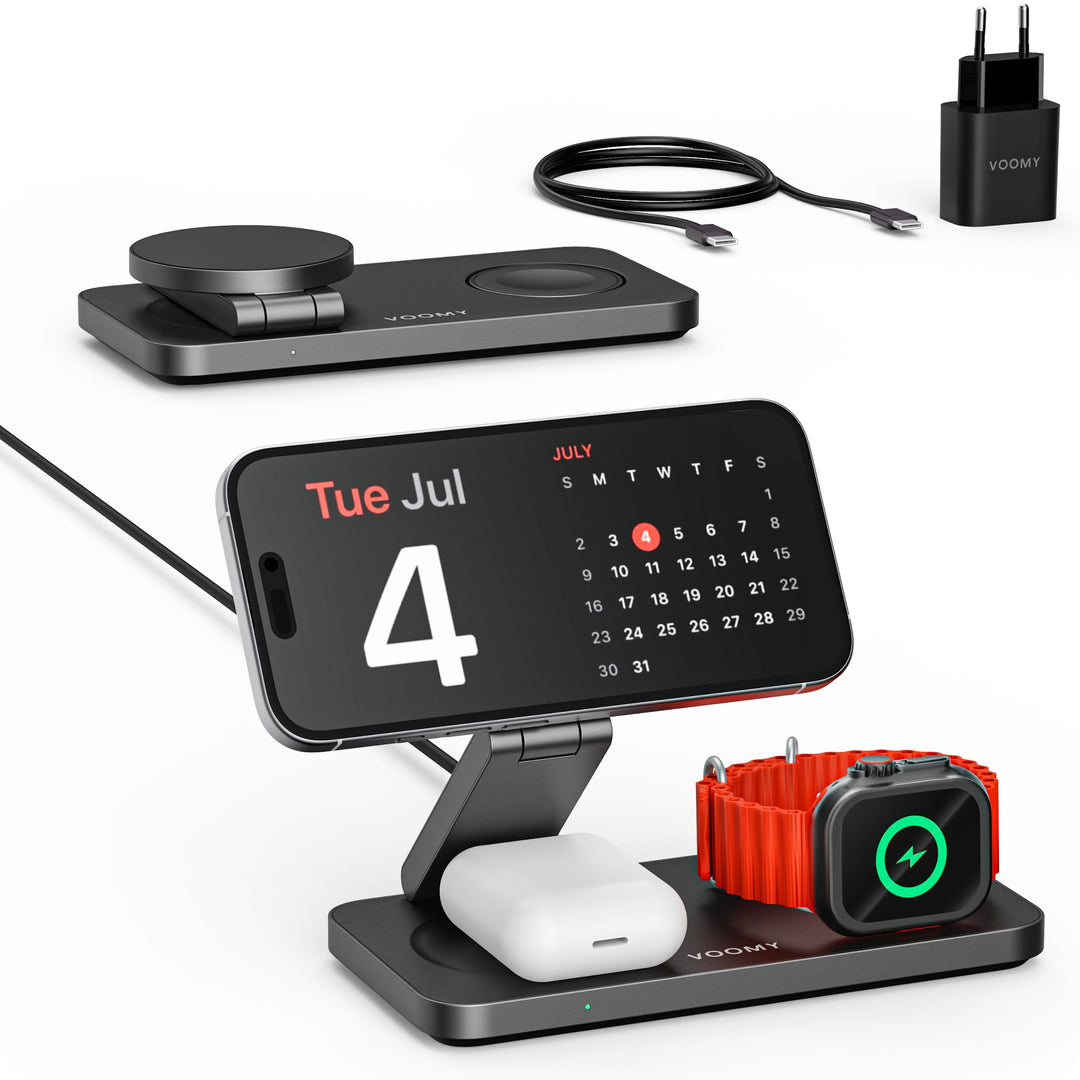 Voomy 3-in-1 Induktive Ladestation Kompatibel mit Magsafe Ladegerät, iPhone, AirPods & Apple Watch,
