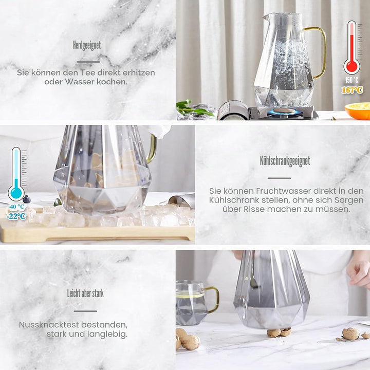 DUJUST schwarzer Glaskaraffe mit Deckel 2 Liter, Wasserkaraffe im Modernen Diamant Design, Glaskrug