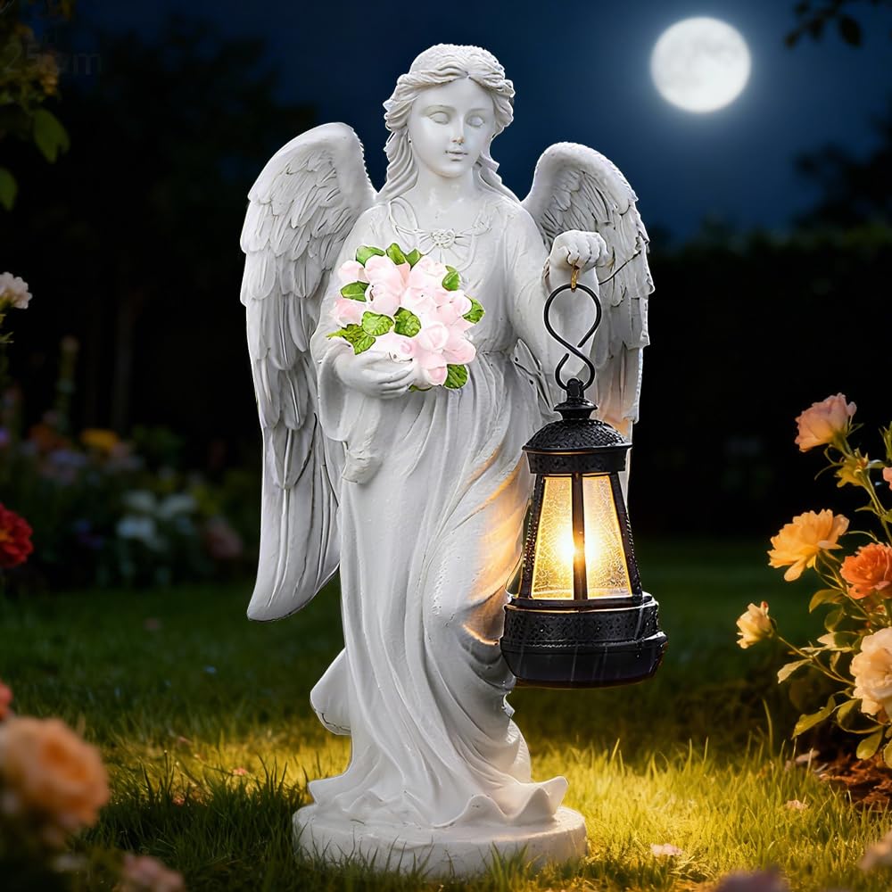 Solar Engel Gartenstatuen, Grablicht Outdoor-Deko, LED Fairy Engel Figur, Engels Skulptur Deko Rasen