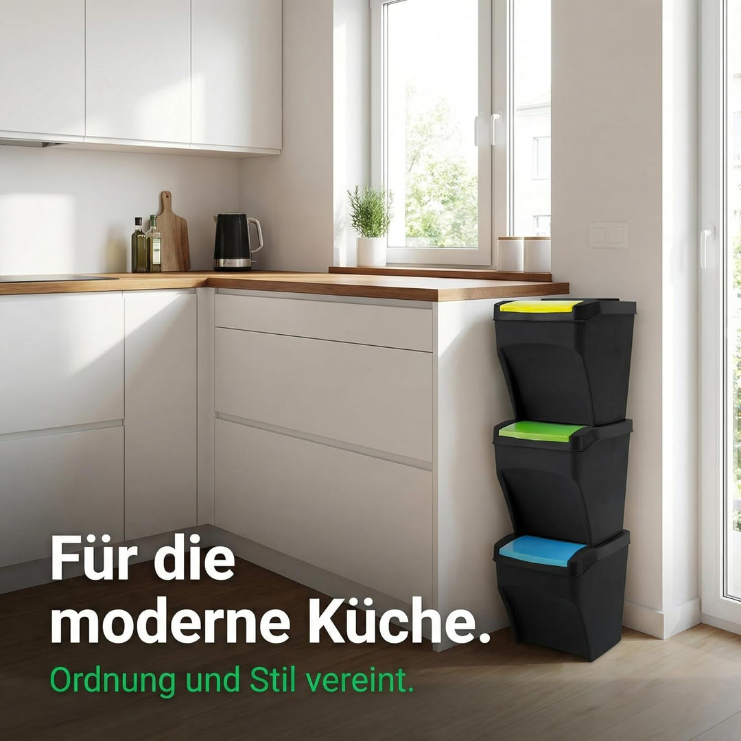 Practic 3 x 25L Mülleimer Küche Stapelbox 3 Fächer - Mülltonnenbox 3er - Abfalleimer Küche mit Decke