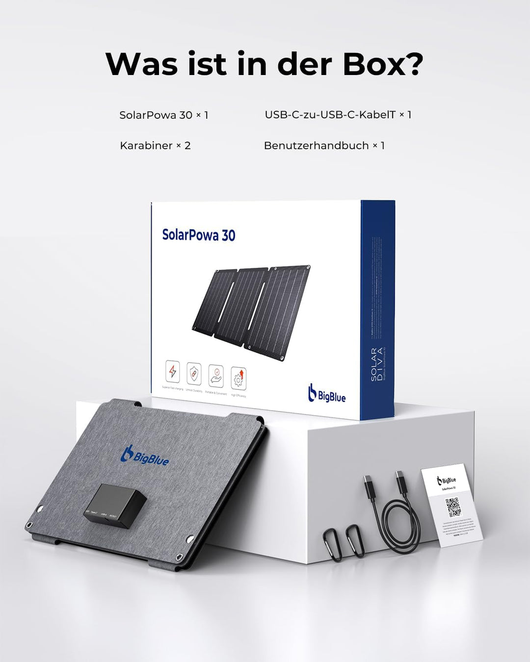 30W Solarladegerät, BigBlue Tragbares Solarpanel mit DC-Anschlüssen, Schnellladung 18W USB-C/USB-A Q