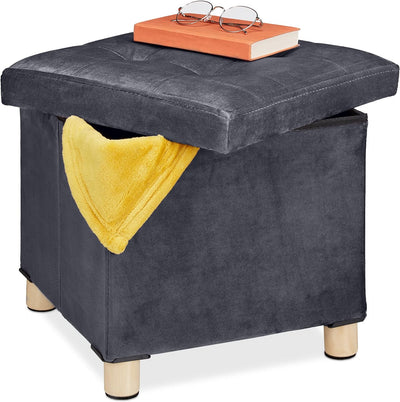 Relaxdays Samthocker mit Stauraum, Tablett im Deckel, mit Holzbeinen, eckiger Sitzhocker, HBT: 35x38