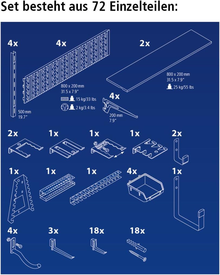 Element System ORGANIZER 3 Werkzeugwand aus Metall, 72-teilig inklusive Schrauben und Dübel, Lochwan