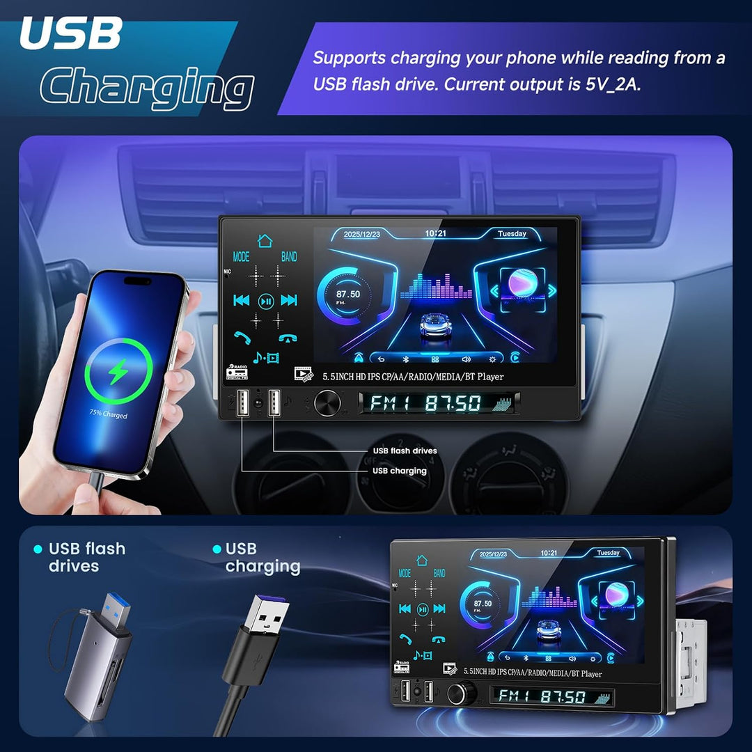 CAMECHO Autoradio 1 Din Wireless Carplay Android Auto Bluetooth Radio, 5.5 Zoll Touchscreen mit IPS
