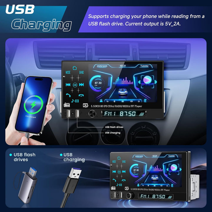 CAMECHO Autoradio 1 Din Wireless Carplay Android Auto Bluetooth Radio, 5.5 Zoll Touchscreen mit IPS