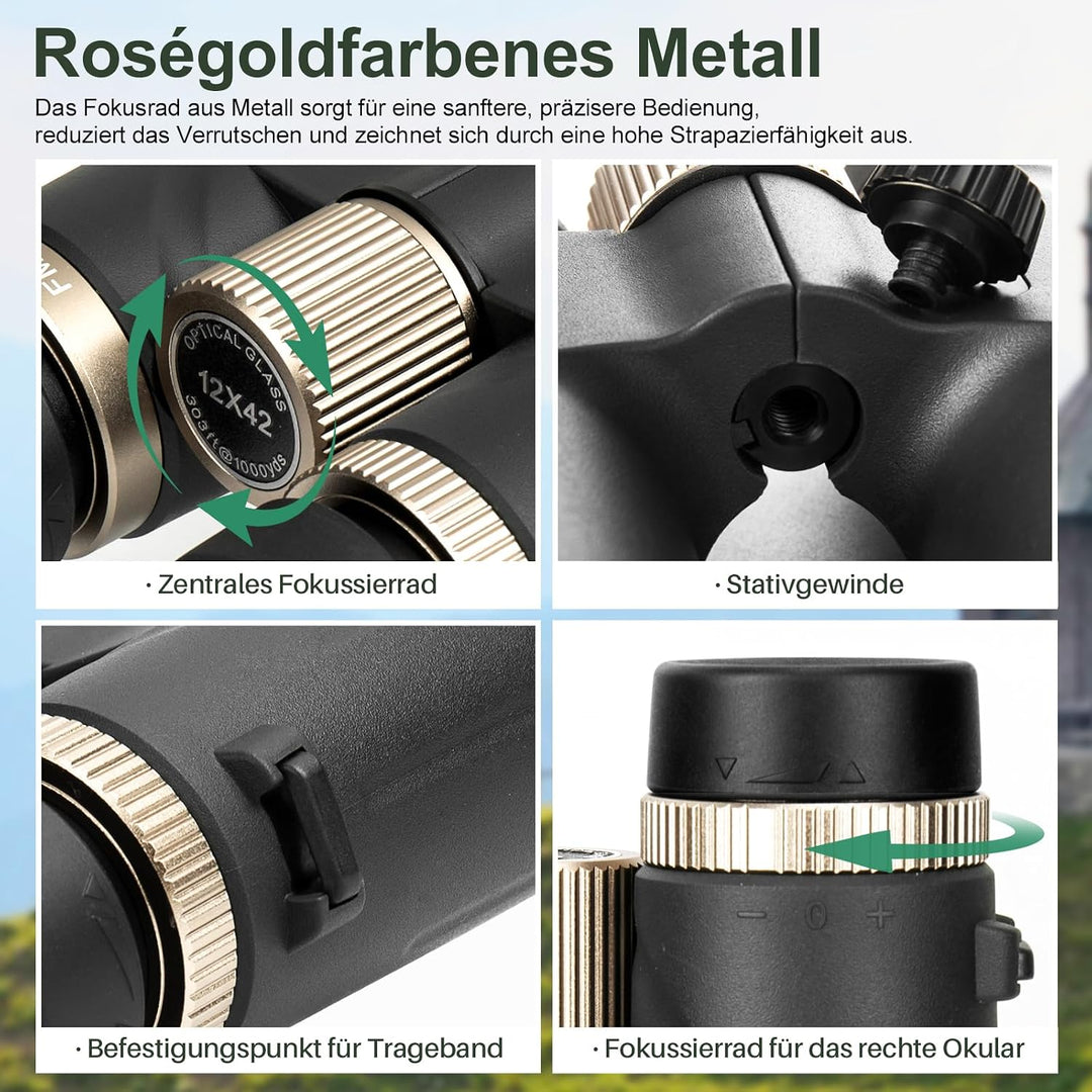 12x42 HD wasserdichtes Profi-Fernglas mit BAK4 Prisma, FMC Linse, Smartphone Adapter & Tragetasche,